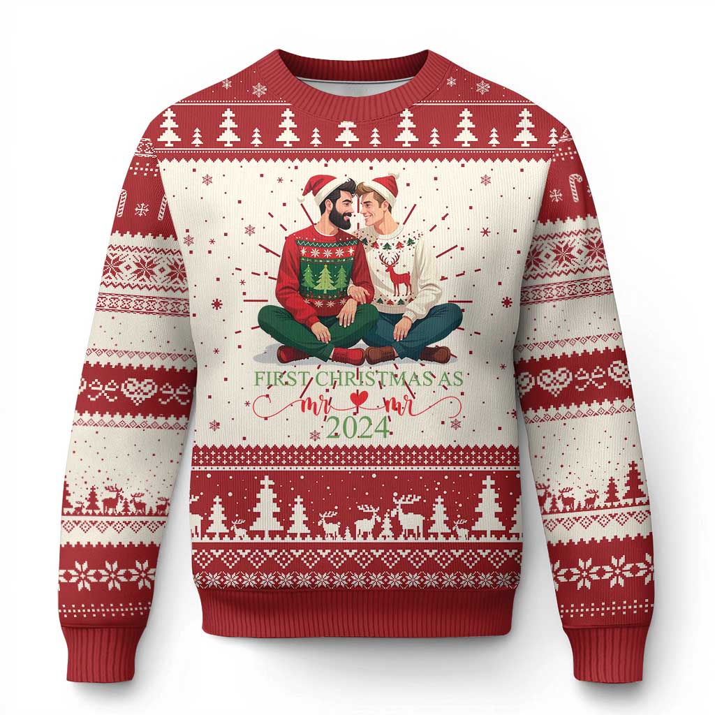 Our First Christmas As Mr Mr 2024 Ugly Christmas Sweater LGBT Gay Couple Xmas TS09 Red Print Your Wear