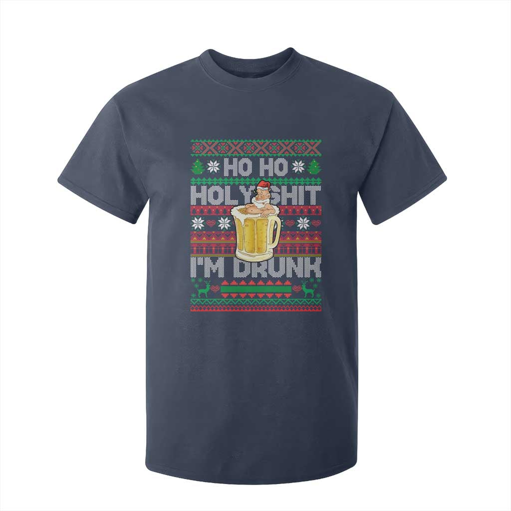 Funny Christmas T Shirt For Kid Ho Ho Holy Shit I'm Drunk Santa Drinking Beer TS09 Navy Print Your Wear