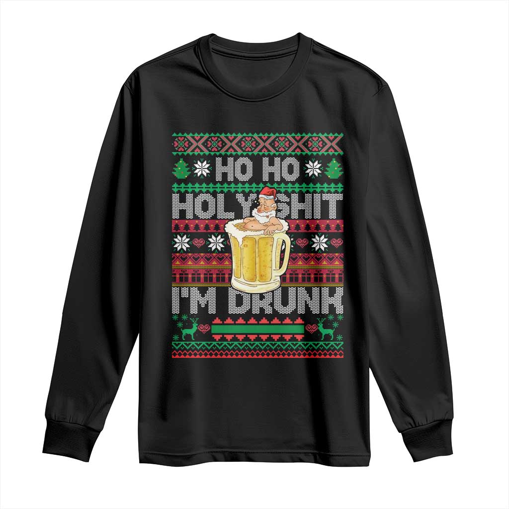 Funny Christmas Long Sleeve Shirt Ho Ho Holy Shit I'm Drunk Santa Drinking Beer TS09 Black Print Your Wear