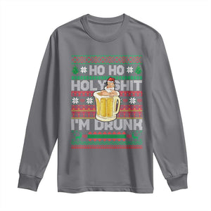 Funny Christmas Long Sleeve Shirt Ho Ho Holy Shit I'm Drunk Santa Drinking Beer TS09 Charcoal Print Your Wear