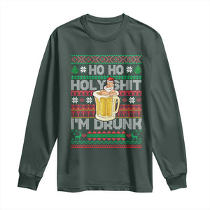 Funny Christmas Long Sleeve Shirt Ho Ho Holy Shit I'm Drunk Santa Drinking Beer TS09 Dark Forest Green Print Your Wear