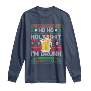 Funny Christmas Long Sleeve Shirt Ho Ho Holy Shit I'm Drunk Santa Drinking Beer TS09 Navy Print Your Wear