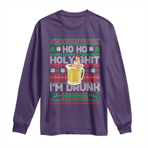 Funny Christmas Long Sleeve Shirt Ho Ho Holy Shit I'm Drunk Santa Drinking Beer TS09 Purple Print Your Wear