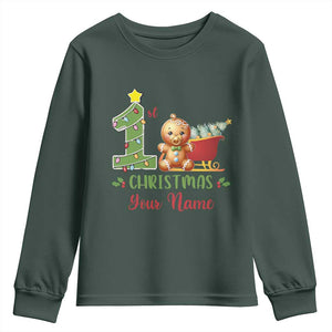 Personalized First Christmas Youth Sweatshirt Custom Name Baby Gingerbread My 1st Xmas TS09 Dark Forest Green Print Your Wear