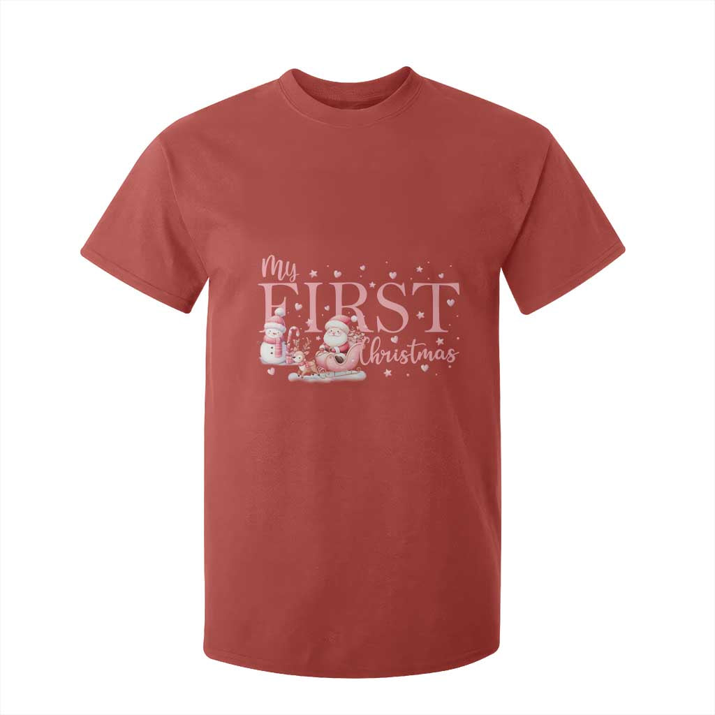Cute First Christmas T Shirt For Kid Pink Santa Snowman TS09 Red Print Your Wear