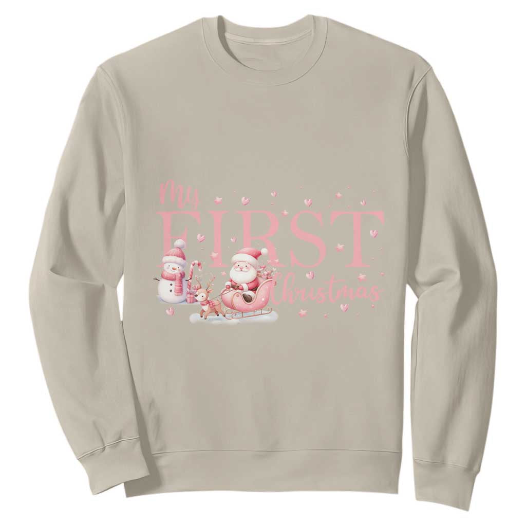 Cute First Christmas Sweatshirt Pink Santa Snowman TS09 Sand Print Your Wear
