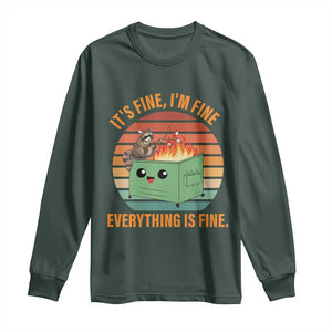 Funny Dumpster Fire Long Sleeve Shirt It's Fine I'm Fine Everything's Fine Raccoon TS09 Dark Forest Green Print Your Wear