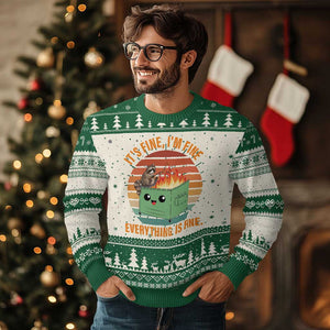 Funny Dumpster Fire Ugly Christmas Sweater It's Fine I'm Fine Everything's Fine Raccoon TS09 Green Print Your Wear