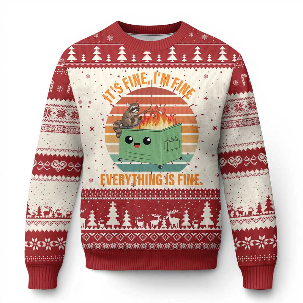 Funny Dumpster Fire Ugly Christmas Sweater It's Fine I'm Fine Everything's Fine Raccoon TS09 Red Print Your Wear