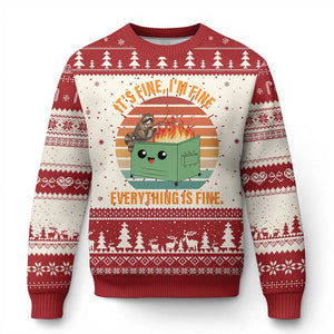 Funny Dumpster Fire Ugly Christmas Sweater It's Fine I'm Fine Everything's Fine Raccoon TS09 Red Print Your Wear