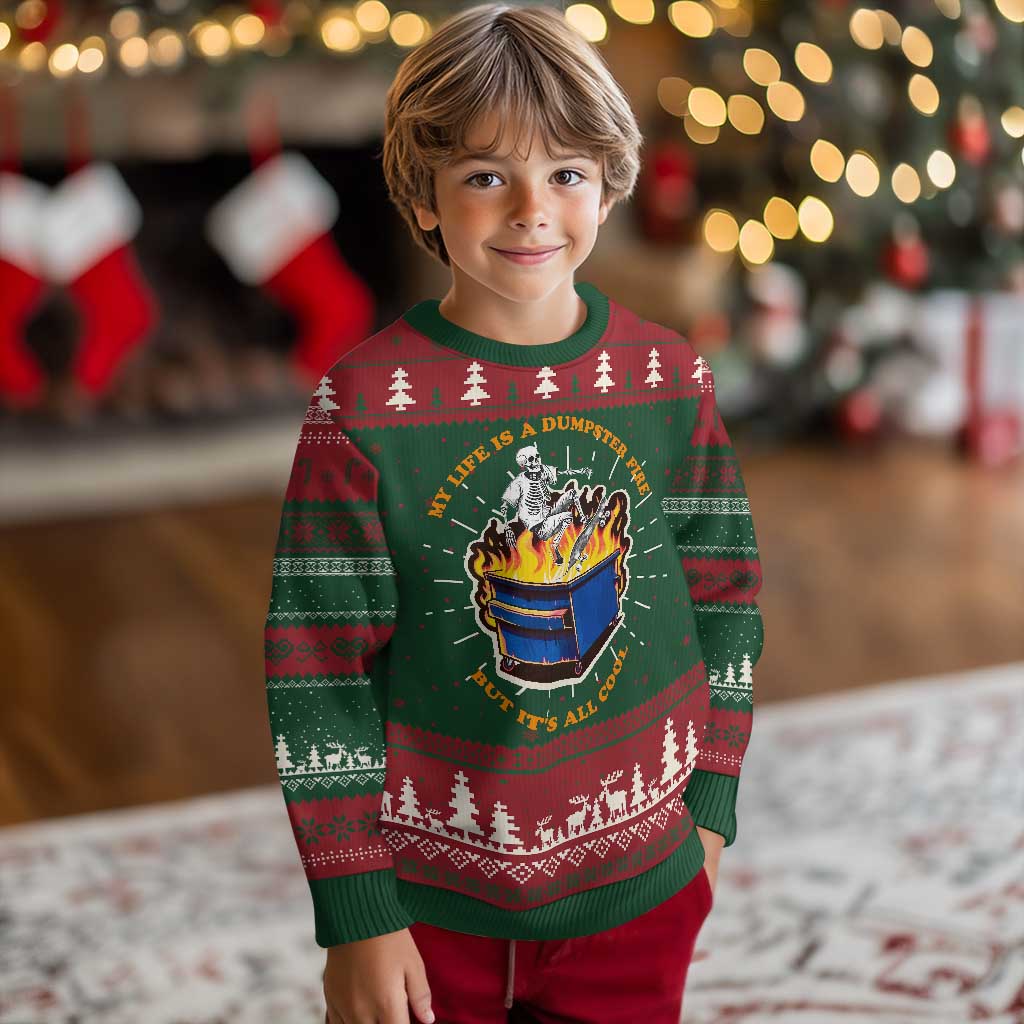 Funny Dumpster Fire Ugly Christmas Sweater Skeleton Skateboard My Life Is A Dumpster Fire But It's All Cool TS09 Christmas Print Your Wear