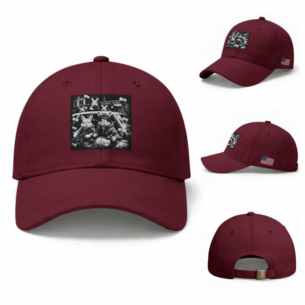 Funny Bunny Gang Baseball Cap Vintage Rabbit Meme TS10 Baseball Cap Universal Fit Maroon Print Your Wear