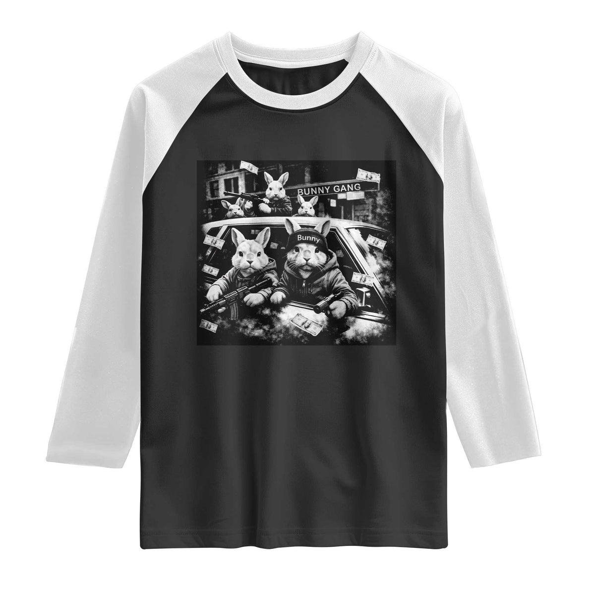 Funny Bunny Gang Raglan Shirt Vintage Rabbit Meme TS10 Black White Print Your Wear