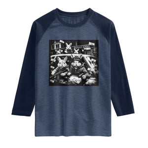 Funny Bunny Gang Raglan Shirt Vintage Rabbit Meme TS10 Heather Denim Navy Print Your Wear