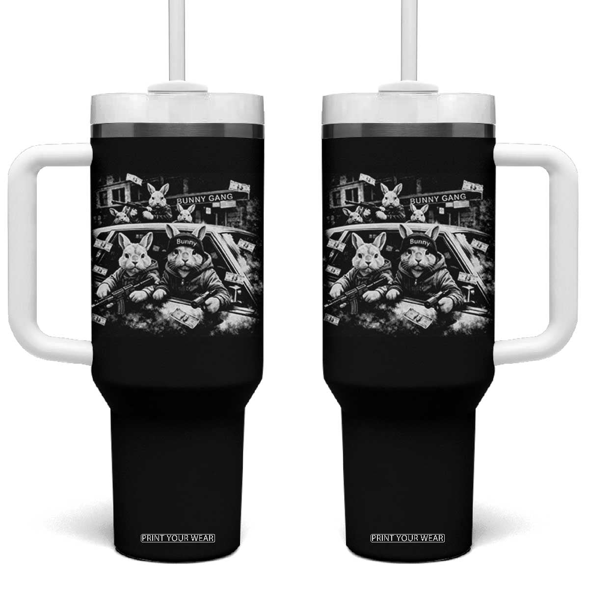 Funny Bunny Gang Tumbler With Handle Vintage Rabbit Meme TS10 One Size: 40 oz Black Print Your Wear