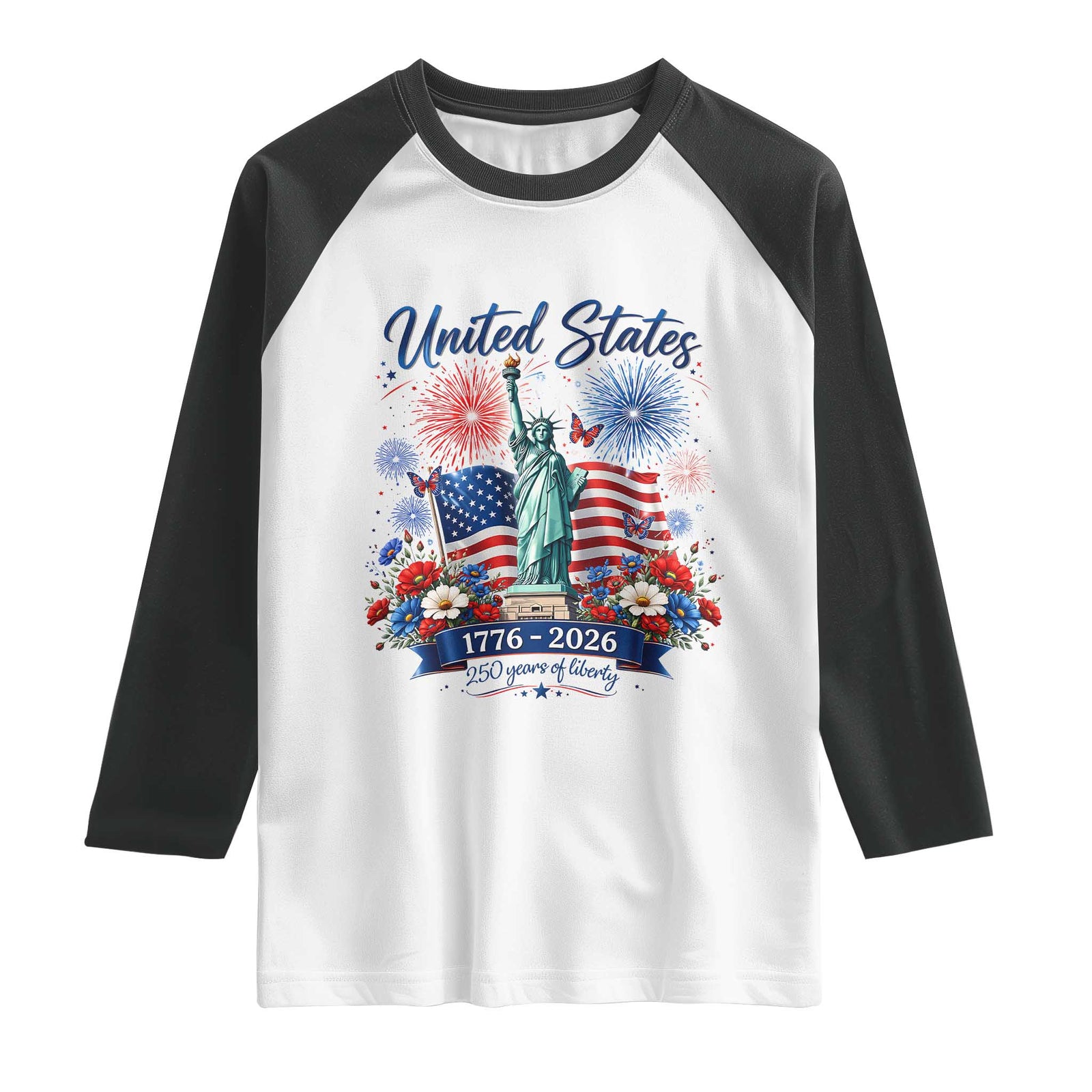 250th Anniversary USA Raglan Shirt Patriotic Liberty Floral 250 Years American 4th July 1776 2026 TS10 White Black Print Your Wear