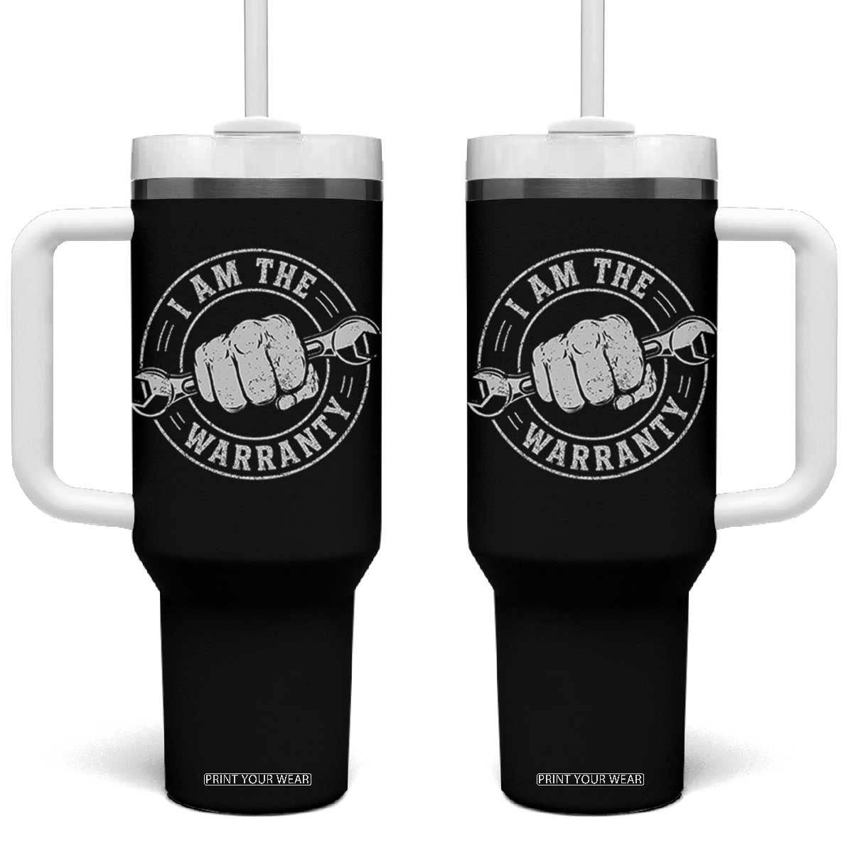 I Am The Warranty Mechanic Tumbler With Handle Car Repair Guy Funny Handyman Distressed Graphic TS10 One Size: 40 oz Black Print Your Wear