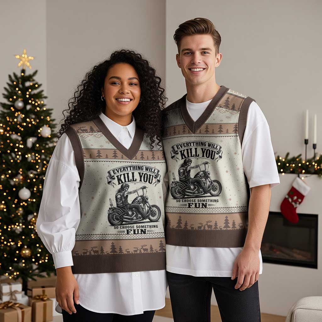Skeleton Biker Vintage Motorcycle Graphic V-Neck Knit Sweater Vest Everything Will Kill You So Choose Something Fun TS10 Mocha Mousse Print Your Wear