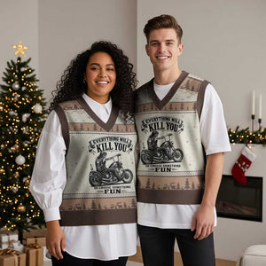 Skeleton Biker Vintage Motorcycle Graphic V-Neck Knit Sweater Vest Everything Will Kill You So Choose Something Fun TS10 Mocha Mousse Print Your Wear