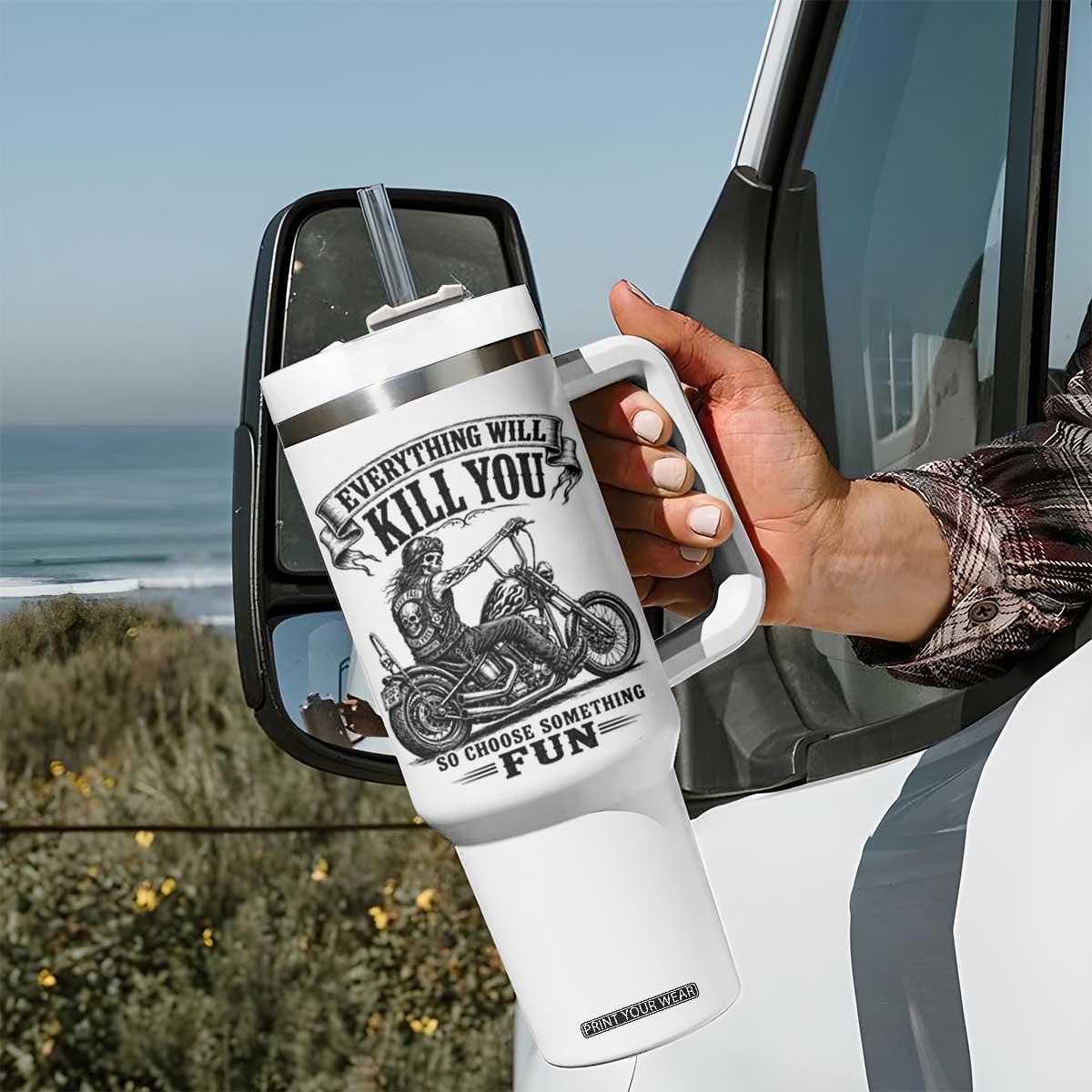 Skeleton Biker Vintage Motorcycle Graphic Tumbler With Handle Everything Will Kill You So Choose Something Fun TS10 Print Your Wear