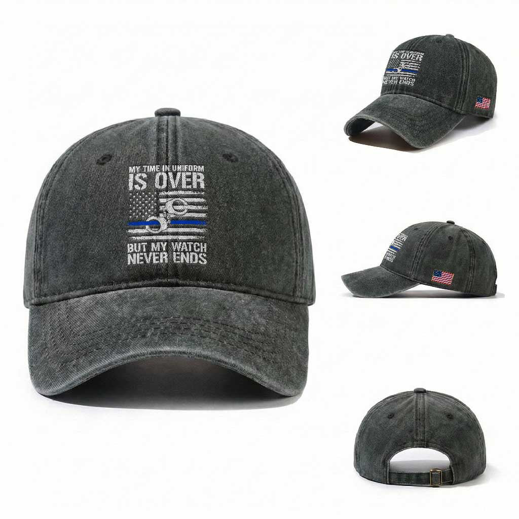 Police Retirement Washed Cotton Baseball Cap Handcuffs US Flag Retired Police Graphic TS10 Washed Cap Universal Fit Dark Green Print Your Wear