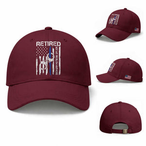 Police Retirement Baseball Cap Retired Not My Problem Anymore Handcuffs US Flag Retired Police Graphic TS10 Baseball Cap Universal Fit Maroon Print Your Wear