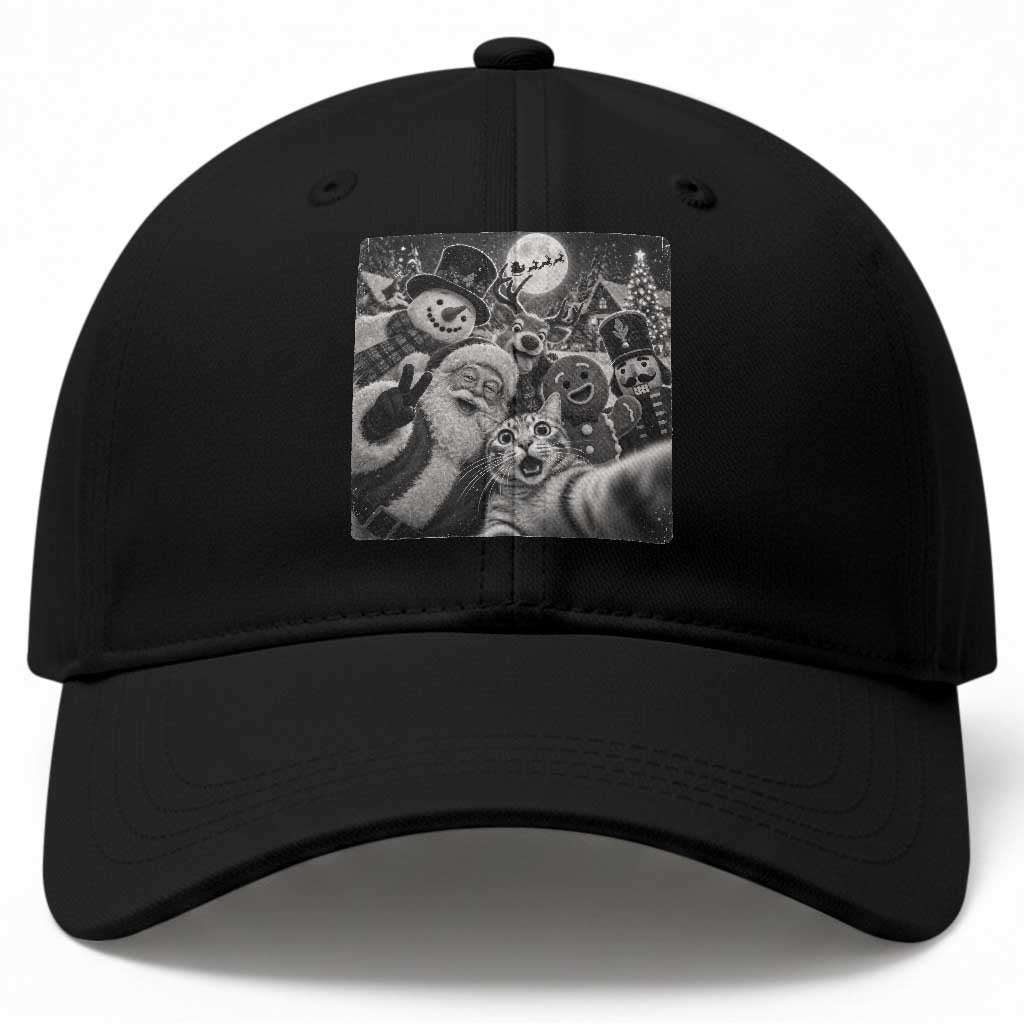 Funny Christmas Cat Selfie With Santa Baseball Cap Retro Snowman Gingerbread Squad