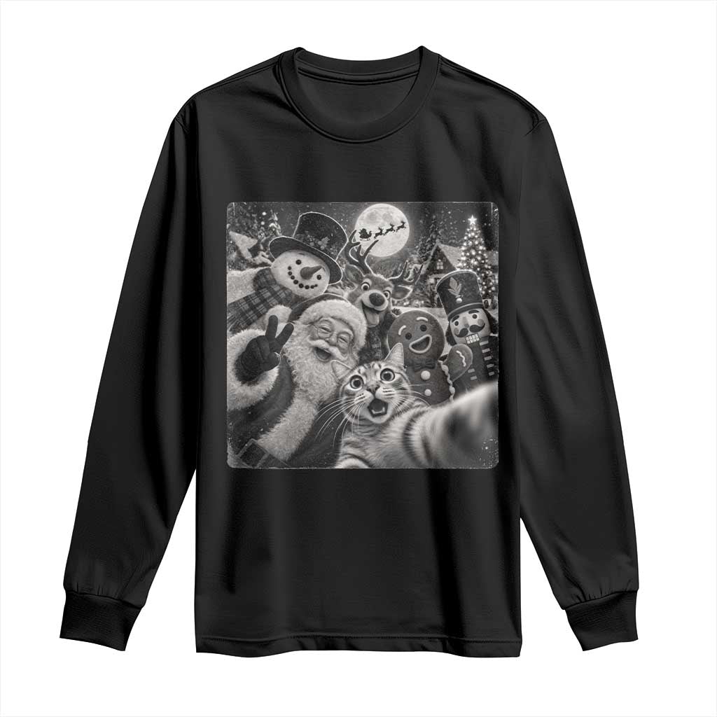 Funny Christmas Cat Selfie With Santa Long Sleeve Shirt Retro Snowman Gingerbread Squad
