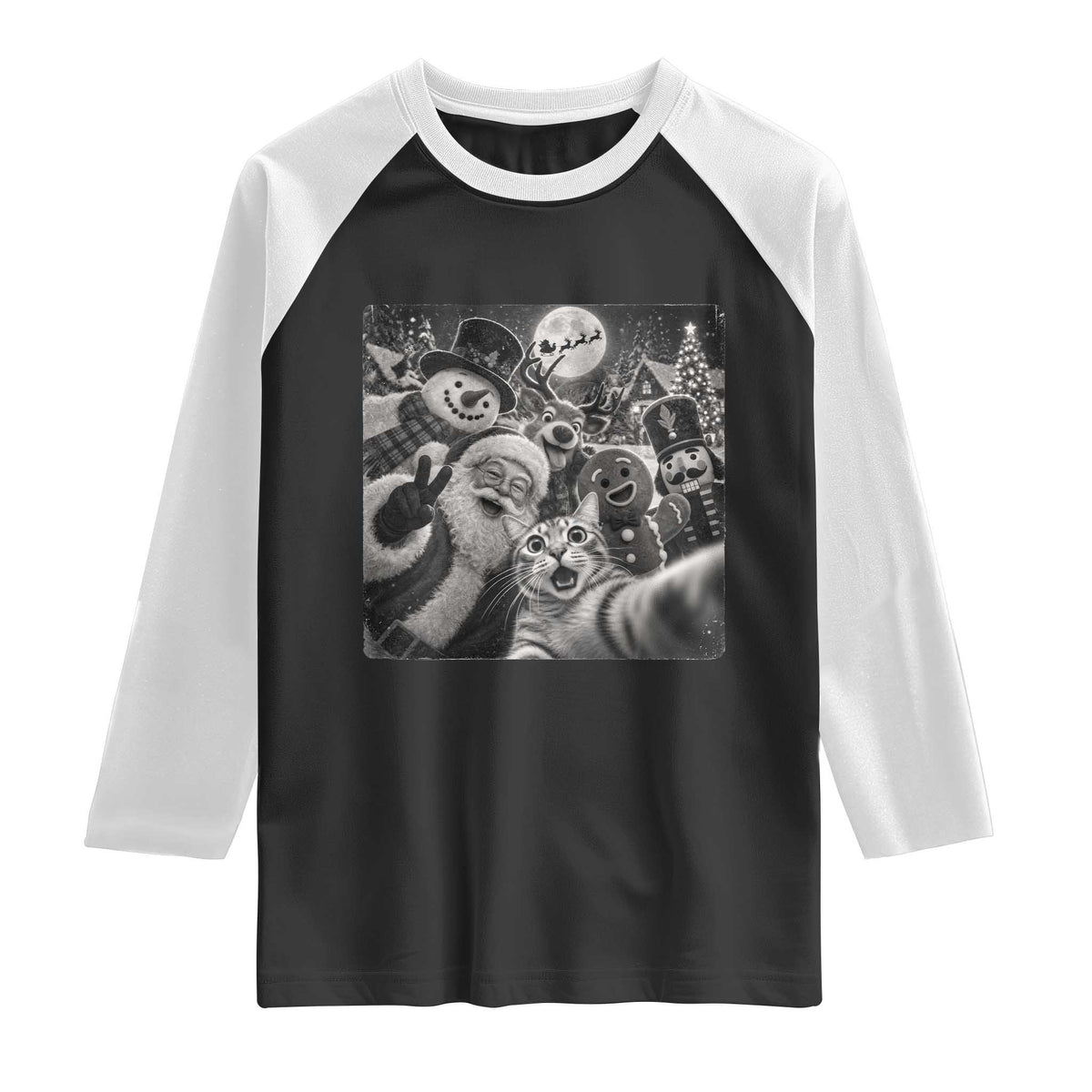 Funny Christmas Cat Selfie With Santa Raglan Shirt Retro Snowman Gingerbread Squad