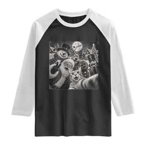 Funny Christmas Cat Selfie With Santa Raglan Shirt Retro Snowman Gingerbread Squad
