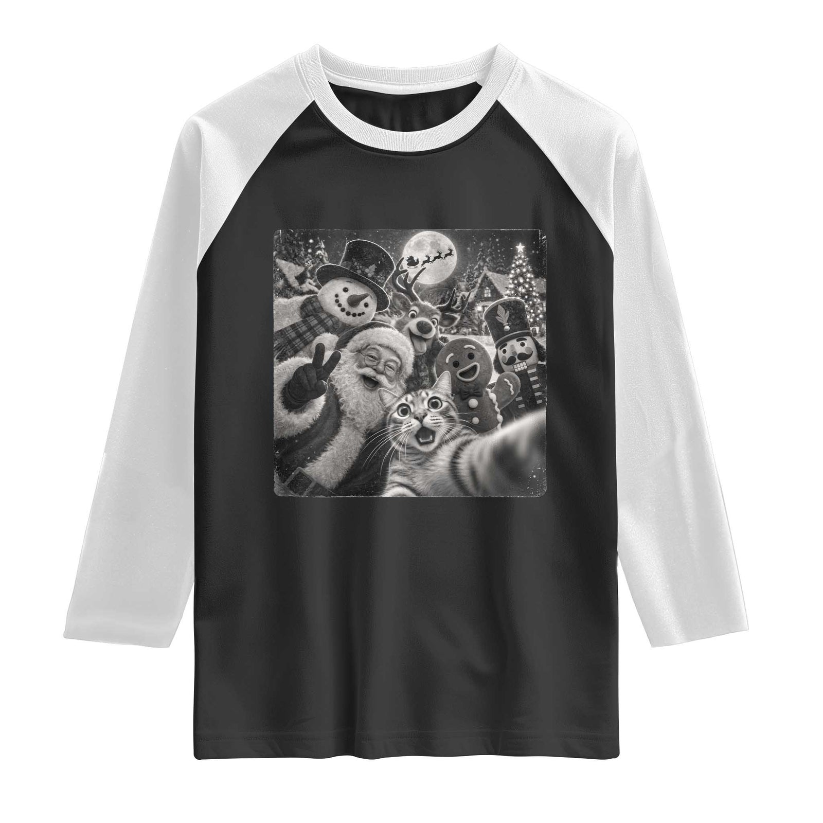 Funny Christmas Cat Selfie With Santa Raglan Shirt Retro Snowman Gingerbread Squad