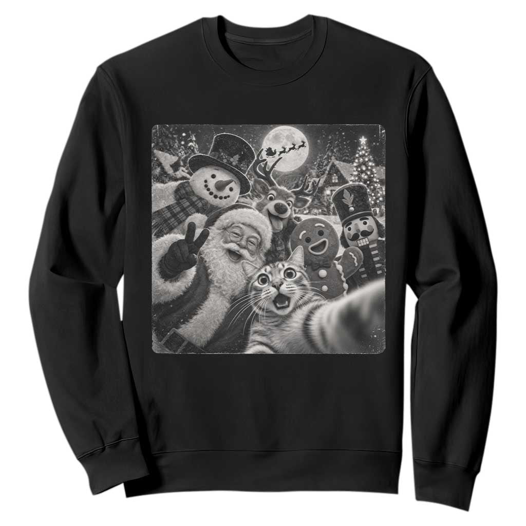 Funny Christmas Cat Selfie With Santa Sweatshirt Retro Snowman Gingerbread Squad