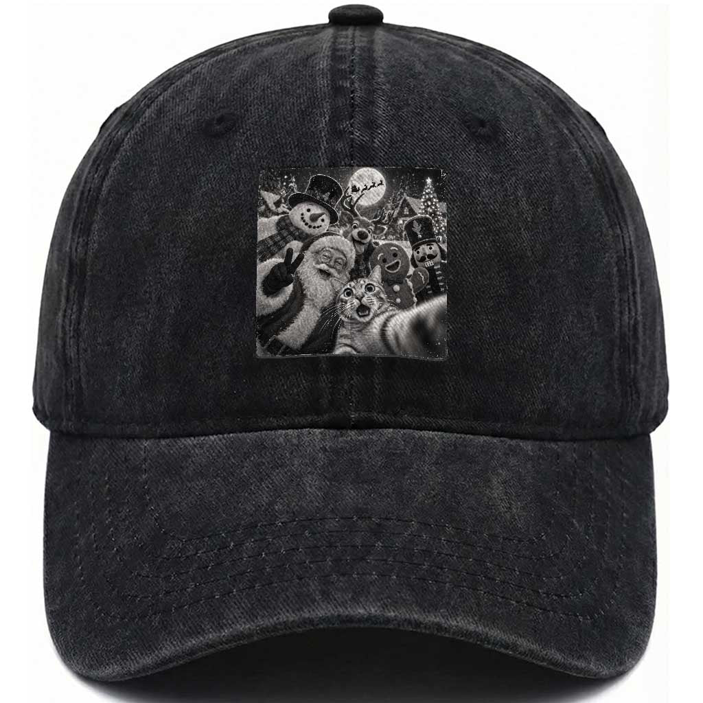 Funny Christmas Cat Selfie With Santa Washed Cotton Baseball Cap Retro Snowman Gingerbread Squad
