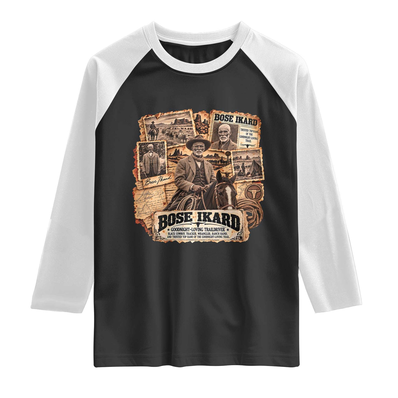 Bose Ikard Black Cowboy History Raglan Shirt Vintage Western Traildriver Pioneer