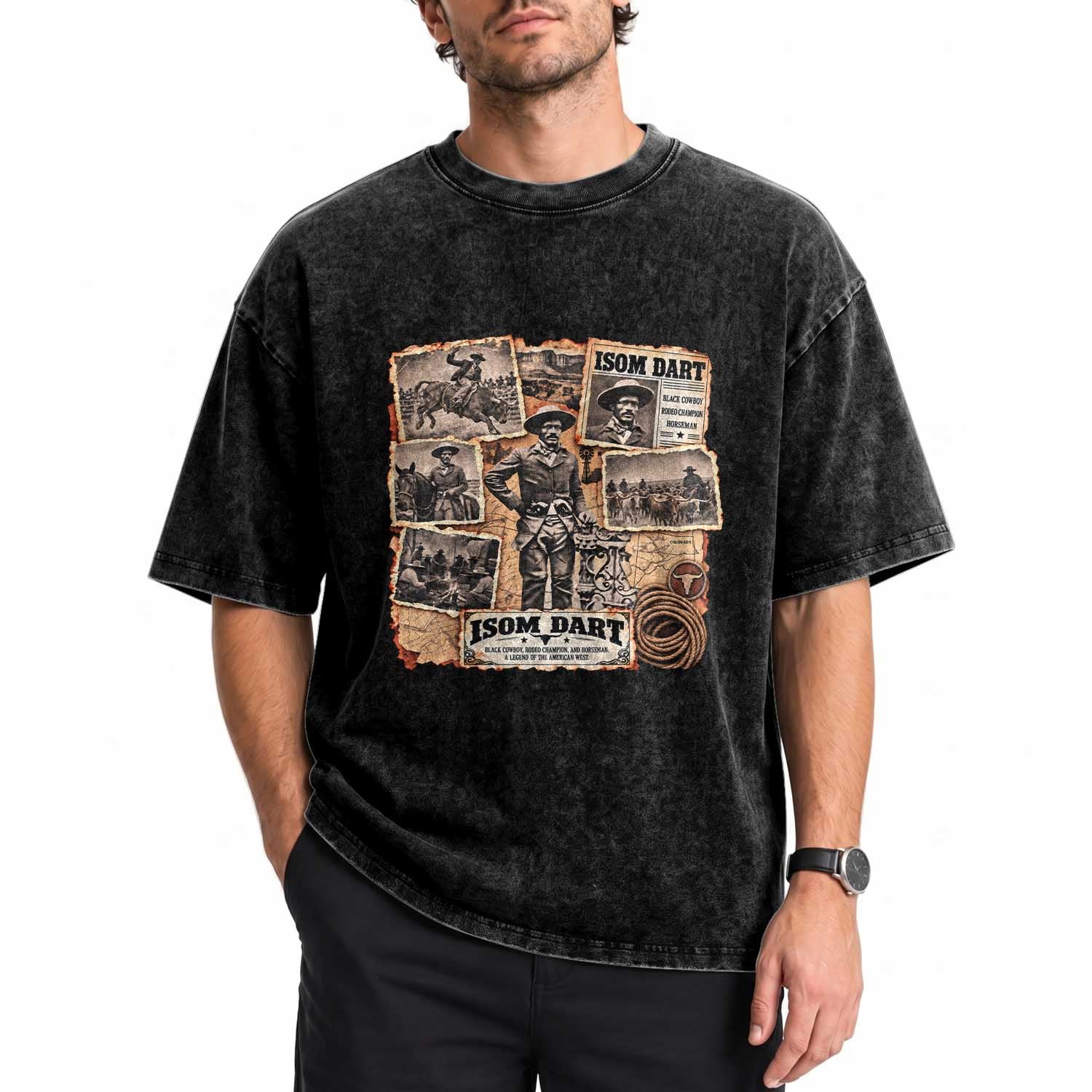 Isom Dart Black Cowboy History Washed Cotton T-Shirt Vintage Western Rodeo Champion Horseman