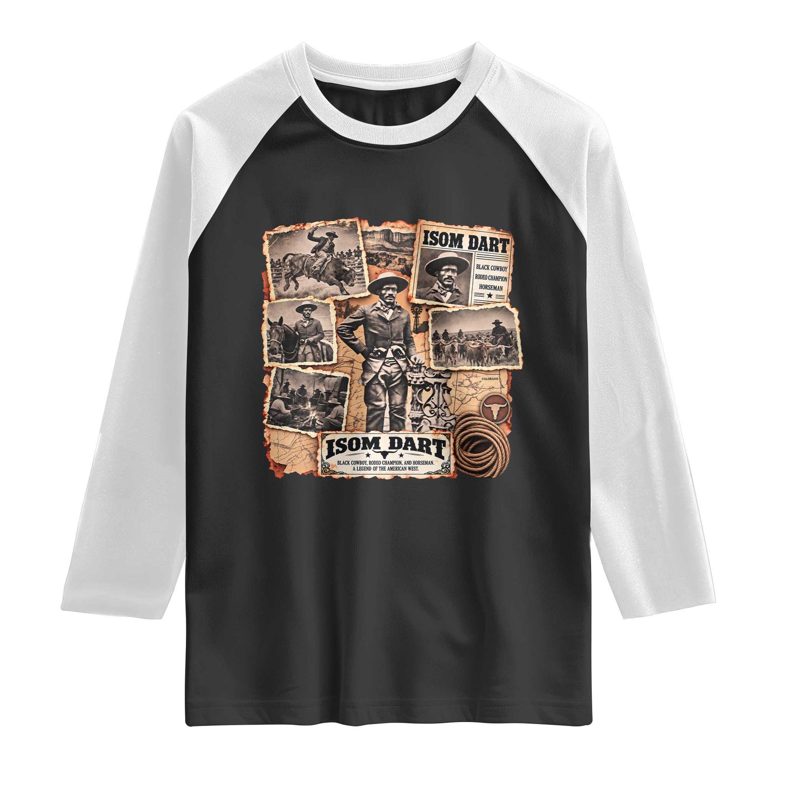 Isom Dart Black Cowboy History Raglan Shirt Vintage Western Rodeo Champion Horseman