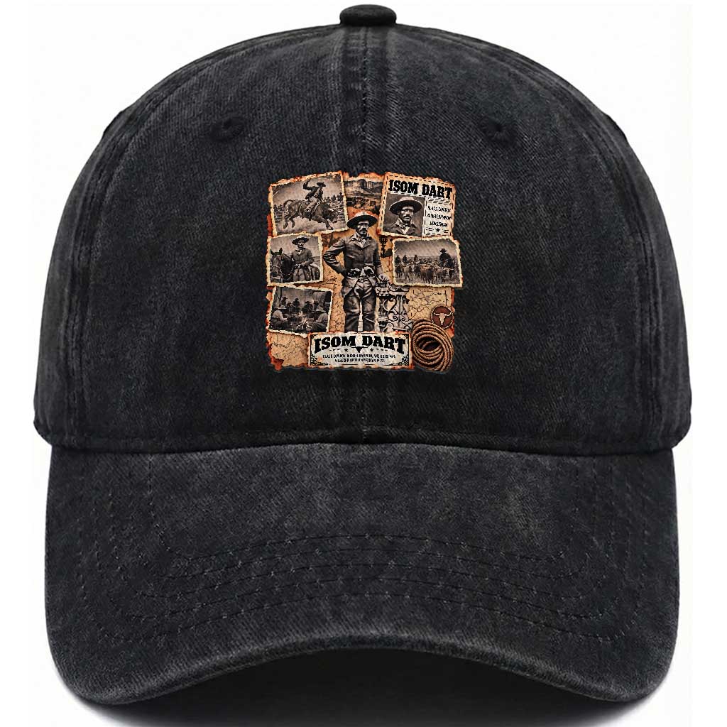 Isom Dart Black Cowboy History Washed Cotton Baseball Cap Vintage Western Rodeo Champion Horseman