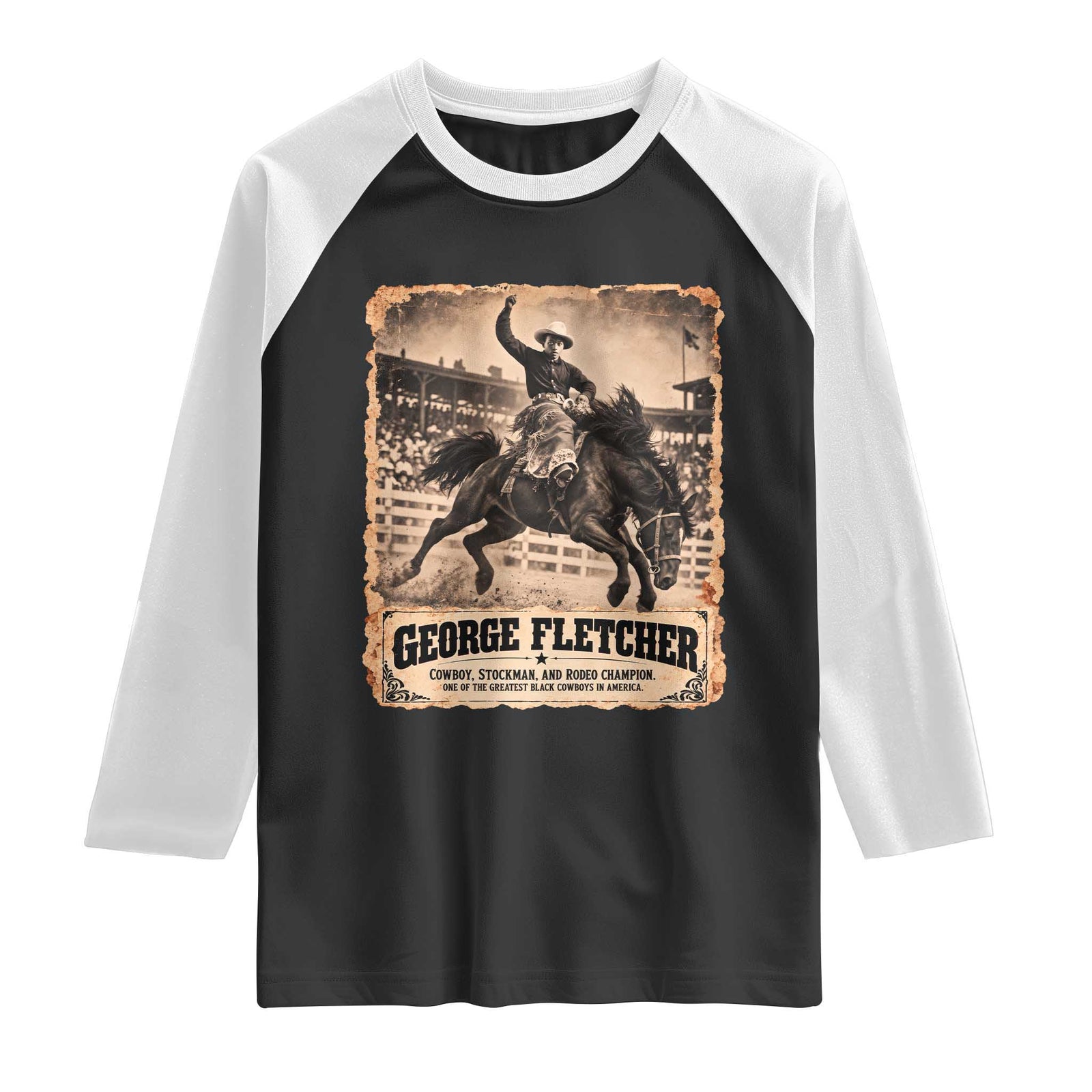 George Fletcher Black Cowboy History Raglan Shirt Vintage Western Rodeo Champion