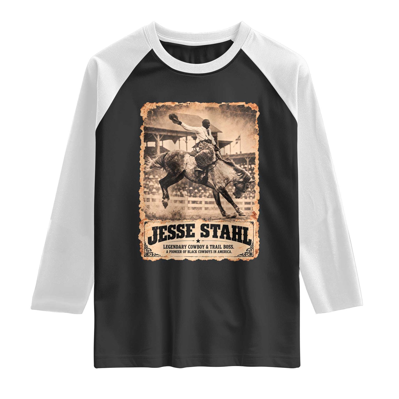 Jesse Stahl Black Cowboy History Raglan Shirt Vintage Rodeo Trail Boss Black History Month