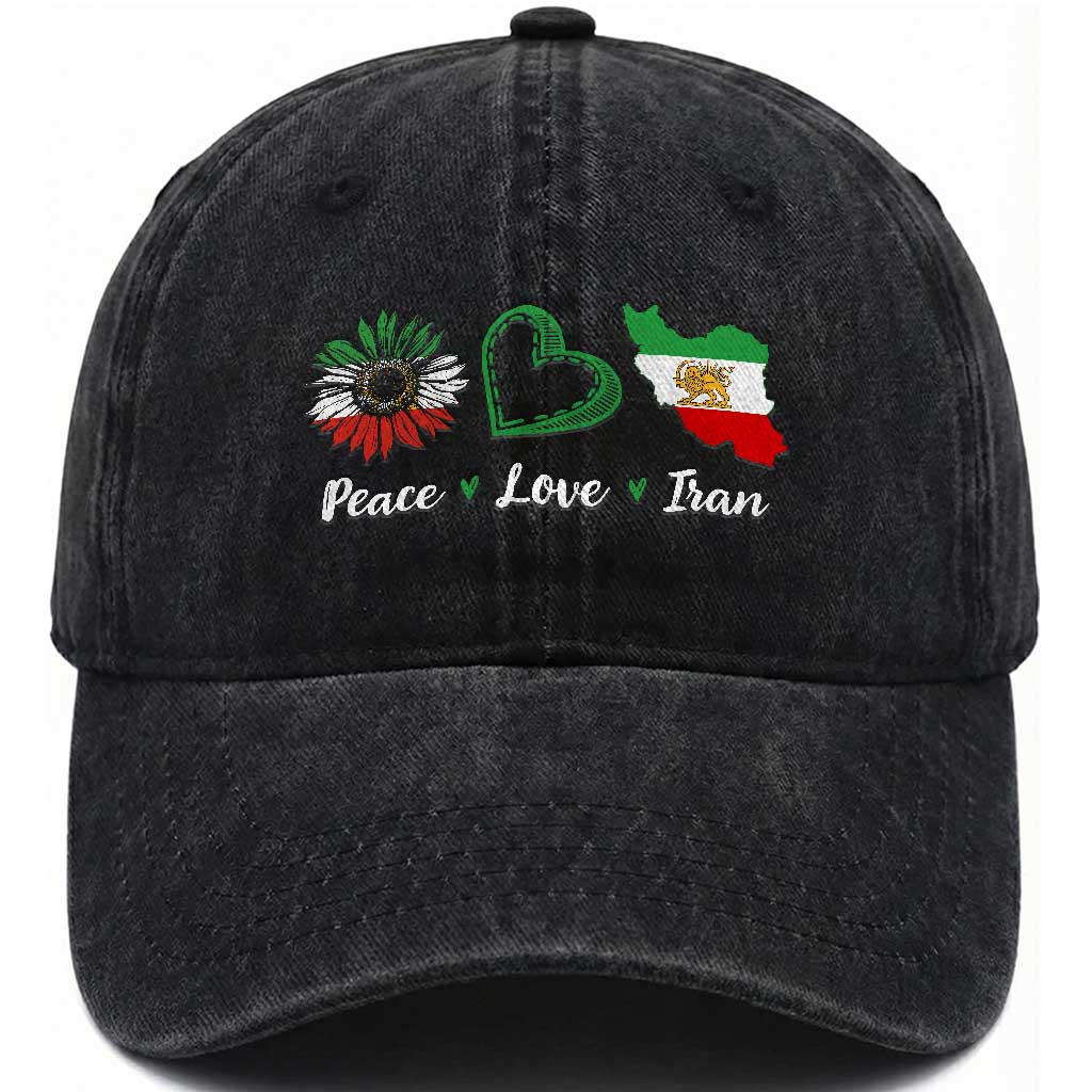 Peace Love Iran Washed Cotton Baseball Cap Sunflower Flag TS10 Washed Cap Universal Fit Black Print Your Wear