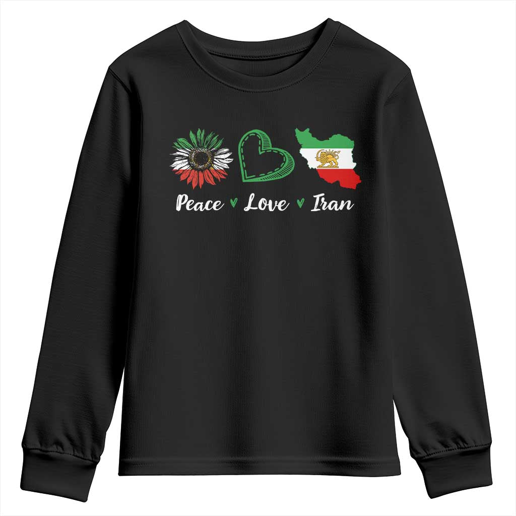 Peace Love Iran Youth Sweatshirt Sunflower Flag TS10 Black Print Your Wear