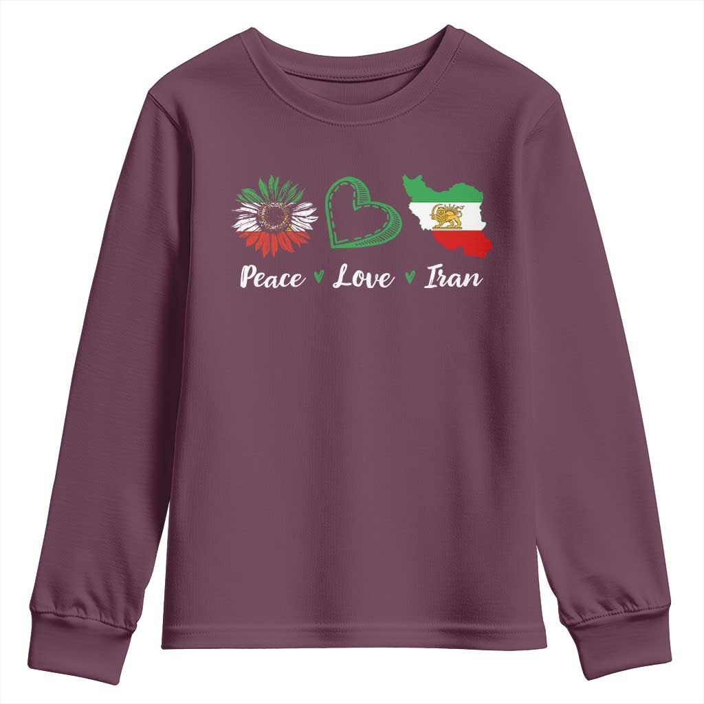 Peace Love Iran Youth Sweatshirt Sunflower Flag TS10 Maroon Print Your Wear