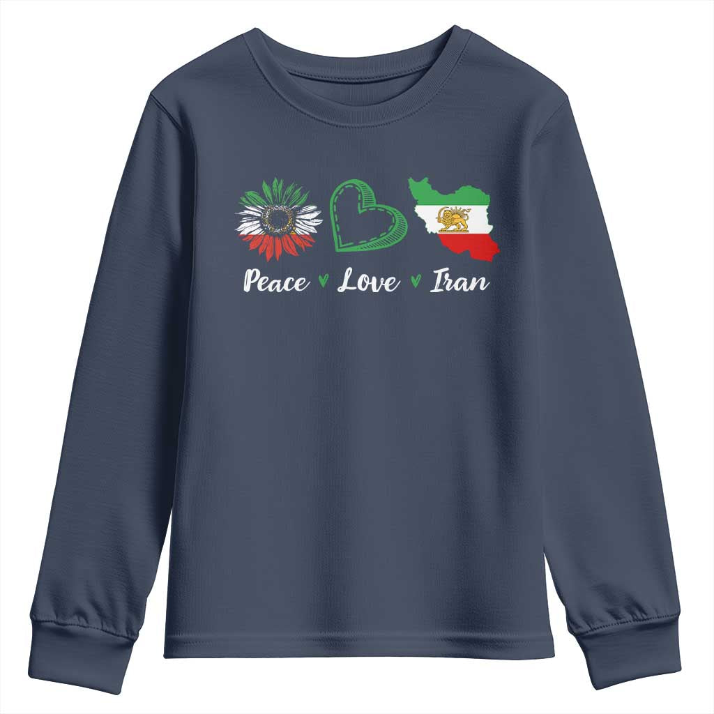 Peace Love Iran Youth Sweatshirt Sunflower Flag TS10 Navy Print Your Wear