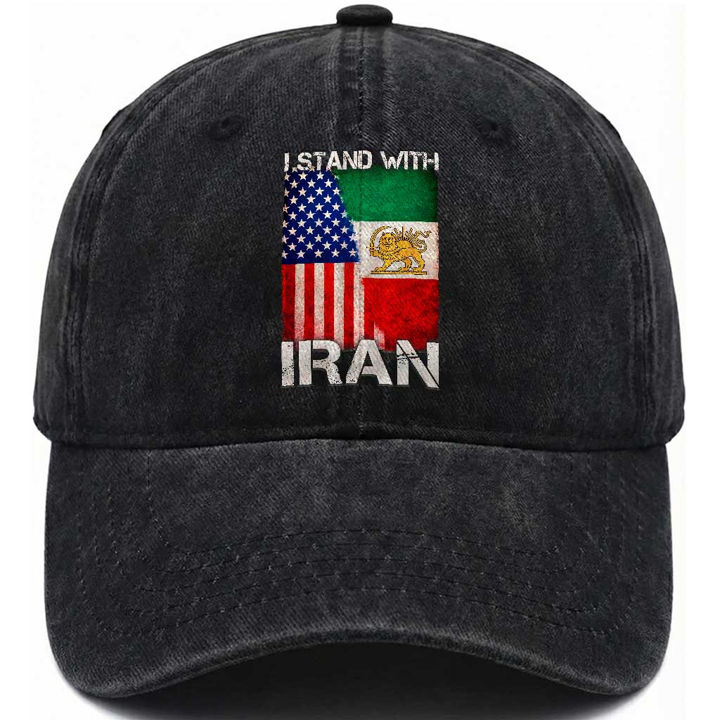 I Stand With Iran Washed Cotton Baseball Cap Persian American Flag USA Persia Lion And Sun Iran TS10 Washed Cap Universal Fit Black Print Your Wear