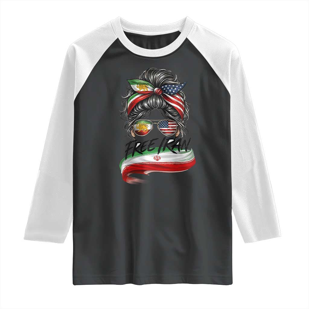 Free Iran Raglan Shirt Persian American Pride Lion Sun Flag Messy Bun TS10 Black White Print Your Wear
