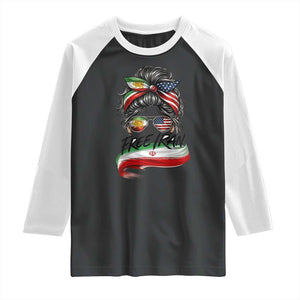 Free Iran Raglan Shirt Persian American Pride Lion Sun Flag Messy Bun TS10 Black White Print Your Wear