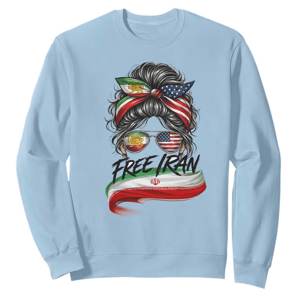 Free Iran Sweatshirt Persian American Pride Lion Sun Flag Messy Bun TS10 Light Blue Print Your Wear