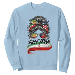 Free Iran Sweatshirt Persian American Pride Lion Sun Flag Messy Bun TS10 Light Blue Print Your Wear