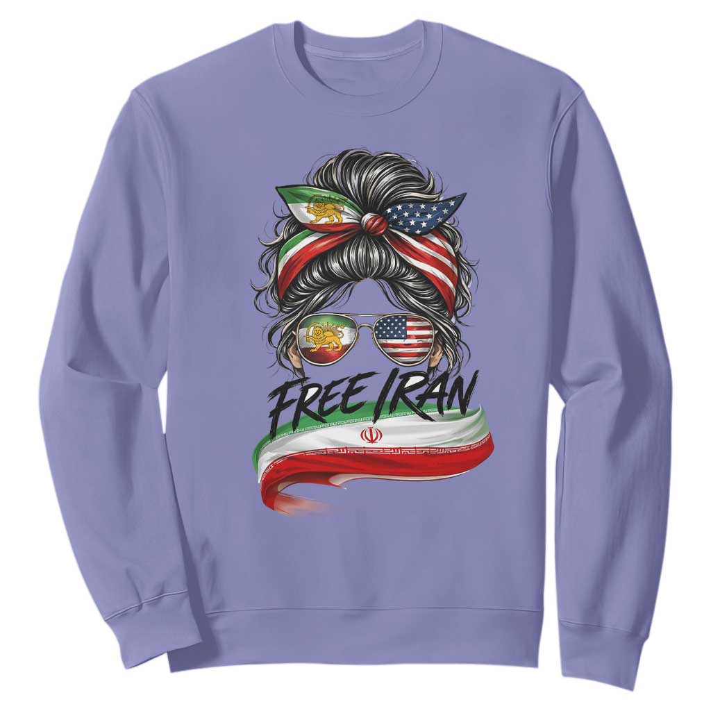 Free Iran Sweatshirt Persian American Pride Lion Sun Flag Messy Bun TS10 Violet Print Your Wear