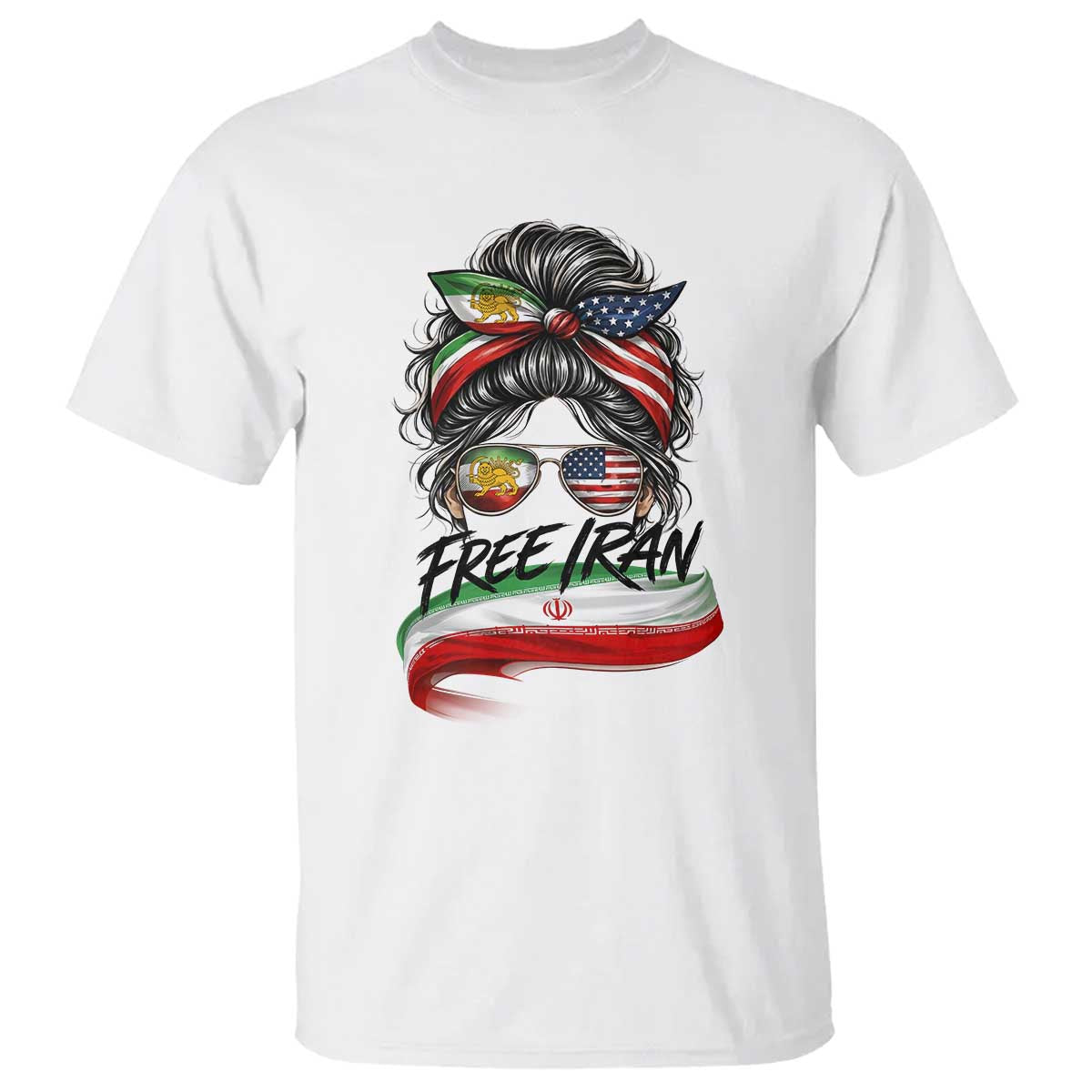 Free Iran T Shirt Persian American Pride Lion Sun Flag Messy Bun TS10 White Print Your Wear